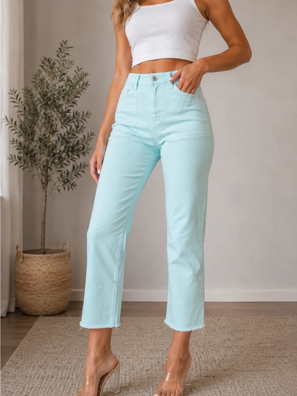 Vineyard Vines High Rise Straight Crop Jeans Mint Blue Raw Hem Size 28